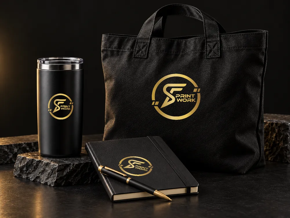 Konsep tote, tumbler, notebook dan pen berbranding SF